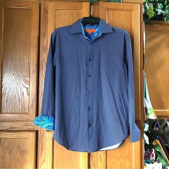 Tallia Navy Blue & White Polka Dot Button Front Paisley Flip Cuff Shirt - S - Picture 8 of 13